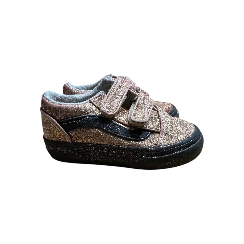 Vans Old Skool V Sneakers Kids Rose Gold Pink Glitter Straps - 6 Toddler